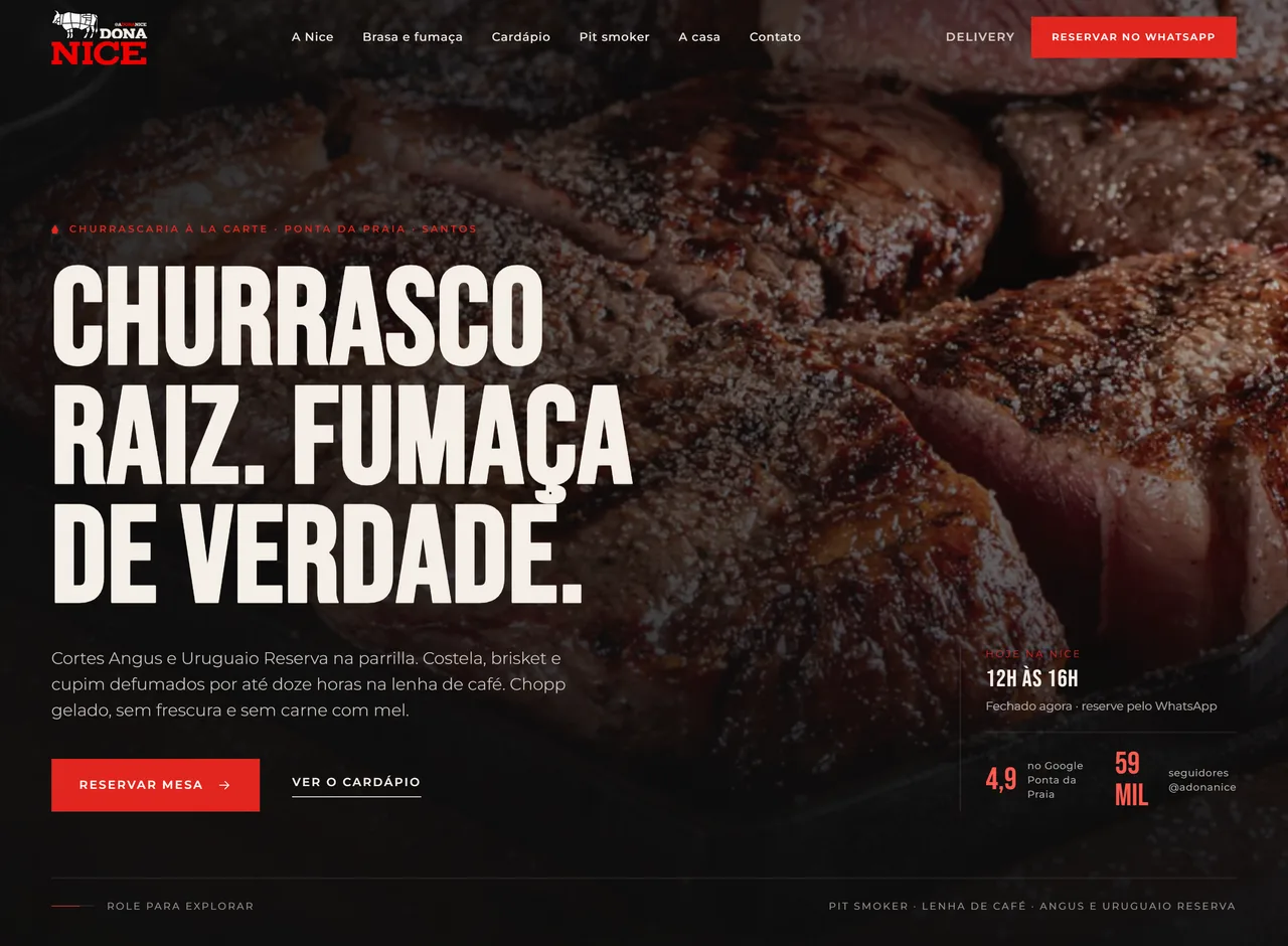 Site de Dona Nice Steakhouse na versão desktop