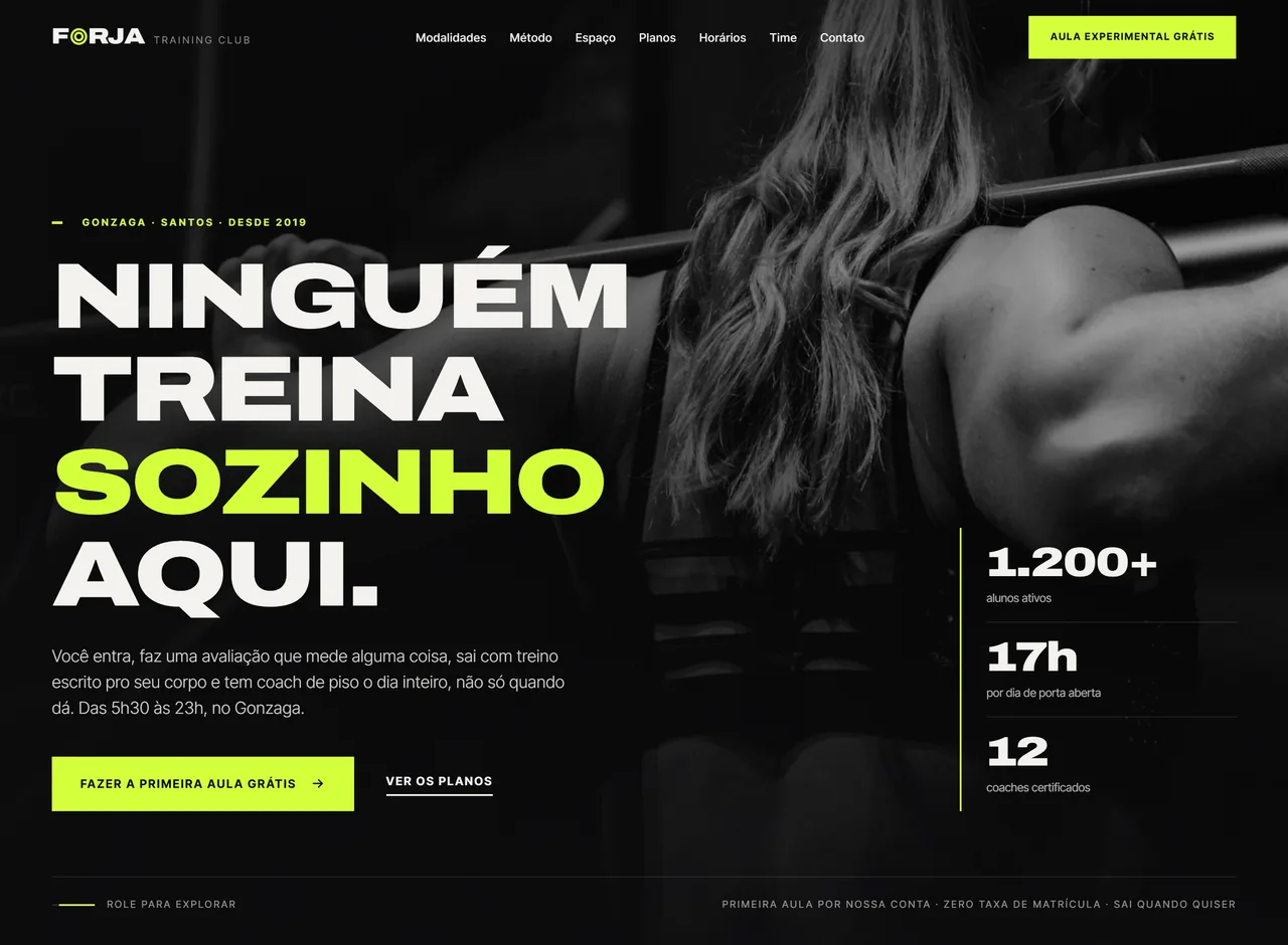 Site de FORJA Training Club na versão desktop